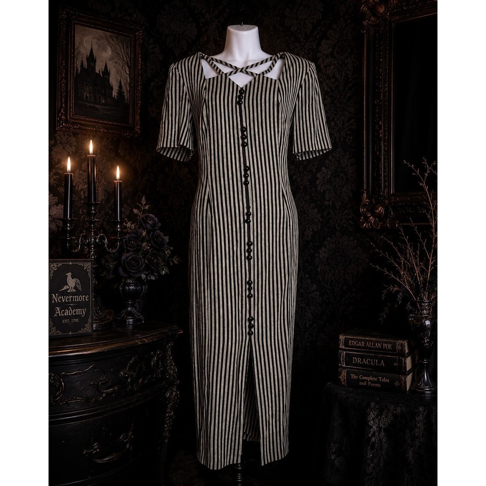Vintage 90s Black Striped Maxi Dress Gothic Dark Academia Whimsigoth Witchy Sz 8